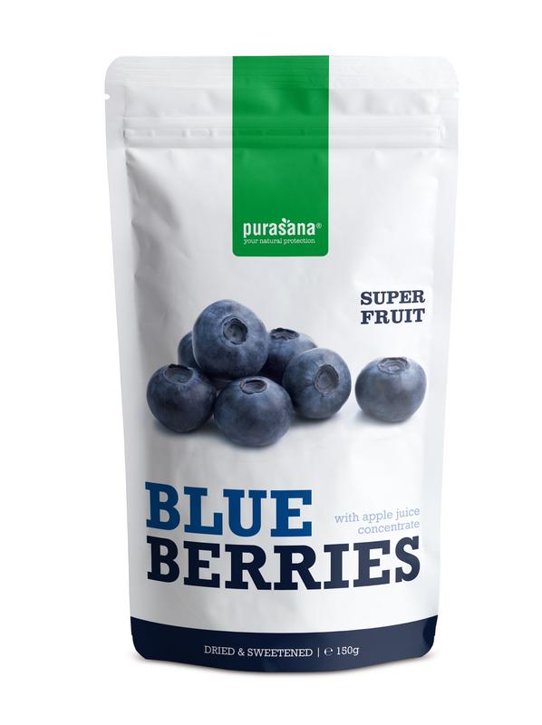 Purasana Blauwe Bessen vegan superfood in 150g package with fresh blueberries and vibrant blue color.