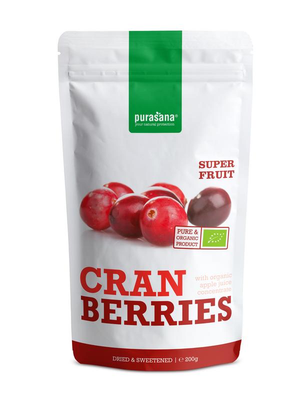 Purasana vegan organic cranberries in a 200g package, raw superfood with fresh, red berries and green leaves.