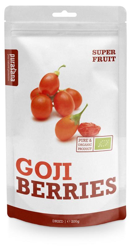 Organic Purasana Goji berries in a 200g vegan superfood package, showcasing vibrant dried red goji berries.