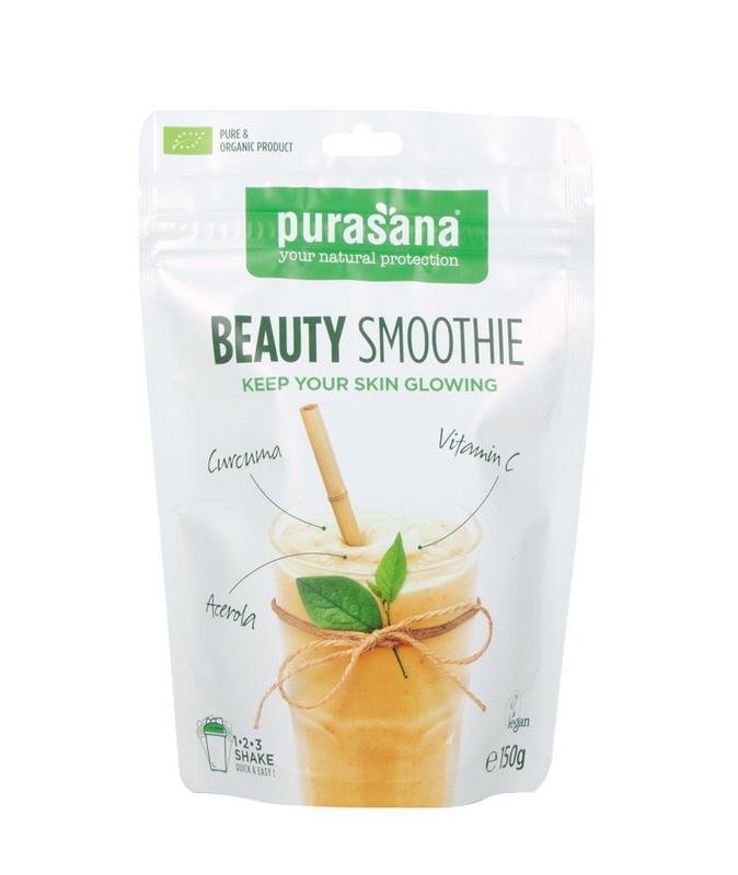 Purasana Beauty vegan smoothie shake in a 150g package, with fresh fruit and leafy greens on the label.