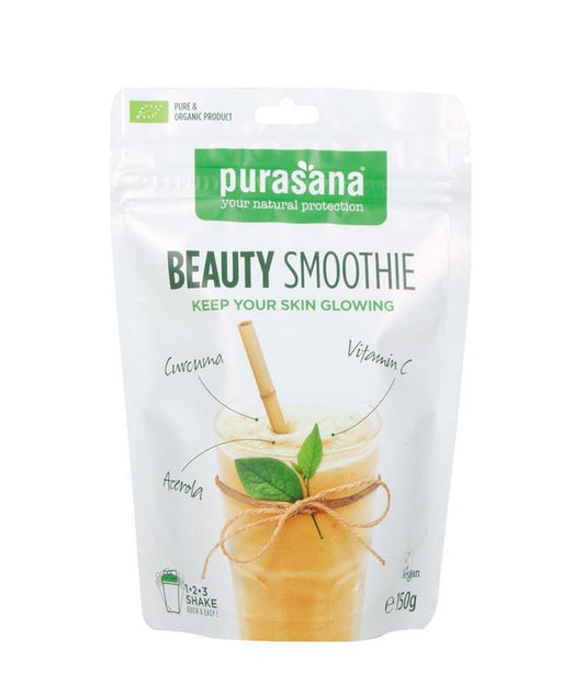 Purasana Beauty vegan smoothie shake in a 150g package, with fresh fruit and leafy greens on the label.