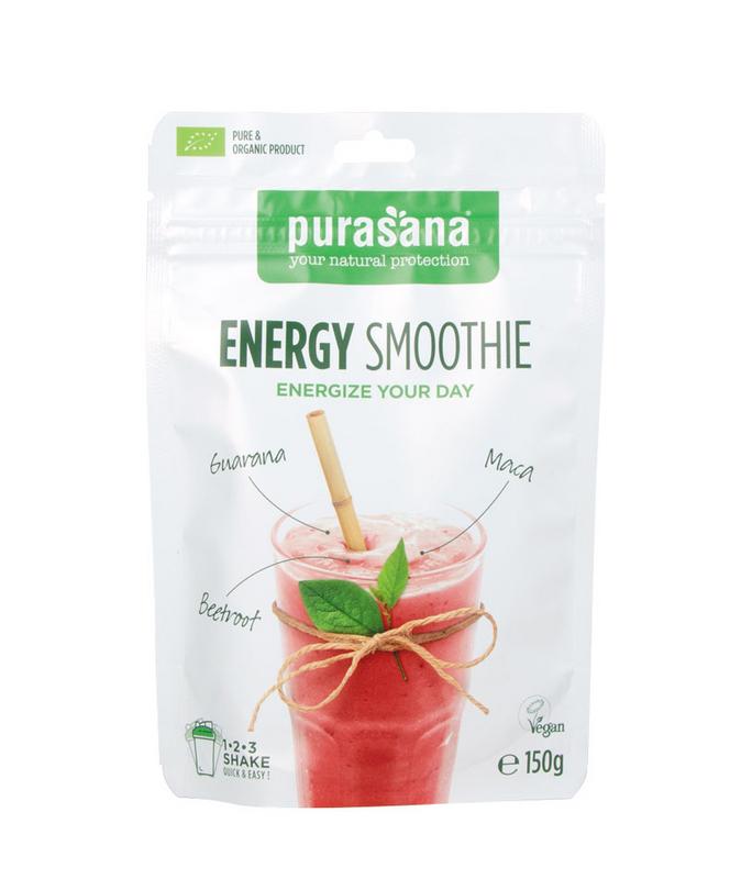 Purasana Energie vegan smoothie shake in 150g package, showing the colorful label and product packaging.