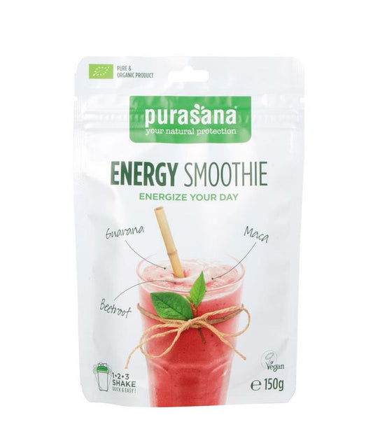 Purasana Energie vegan smoothie shake in 150g package, showing the colorful label and product packaging.