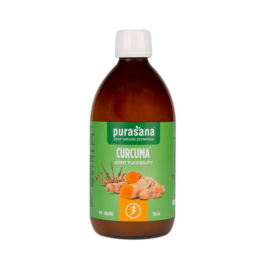 Purasana Curcuma boswelia and harpago herbal supplement in a 500ml bottle, supporting joint flexibility and herbal health.