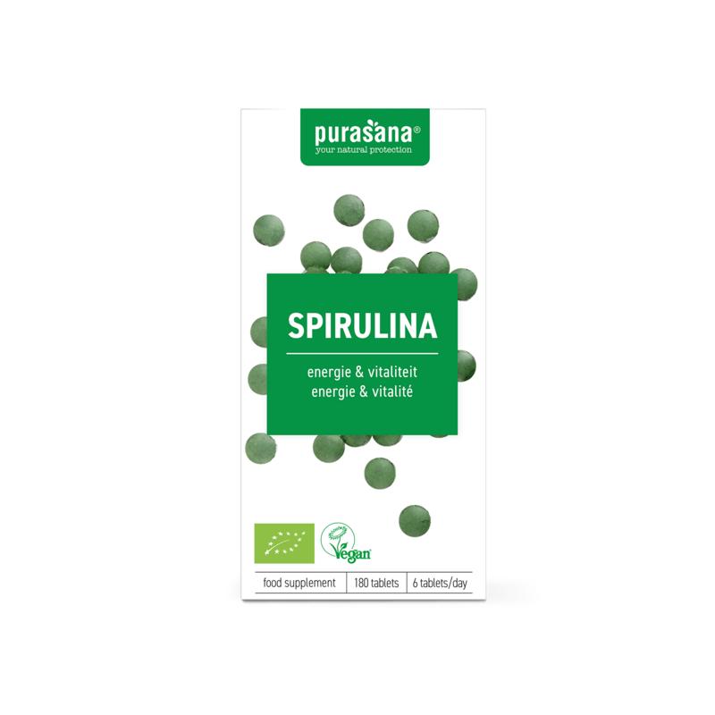 Purasana Spirulina vegan bio tablets, herbal supplement, 180 count, green tablets in a clear container.