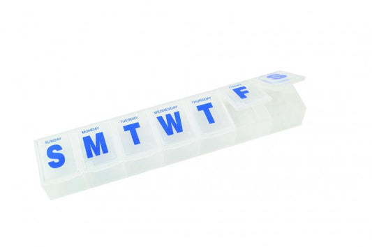 Able 2 extra large pill organizer with 7 compartments for medication storage, sturdy plastic medicine storage box.