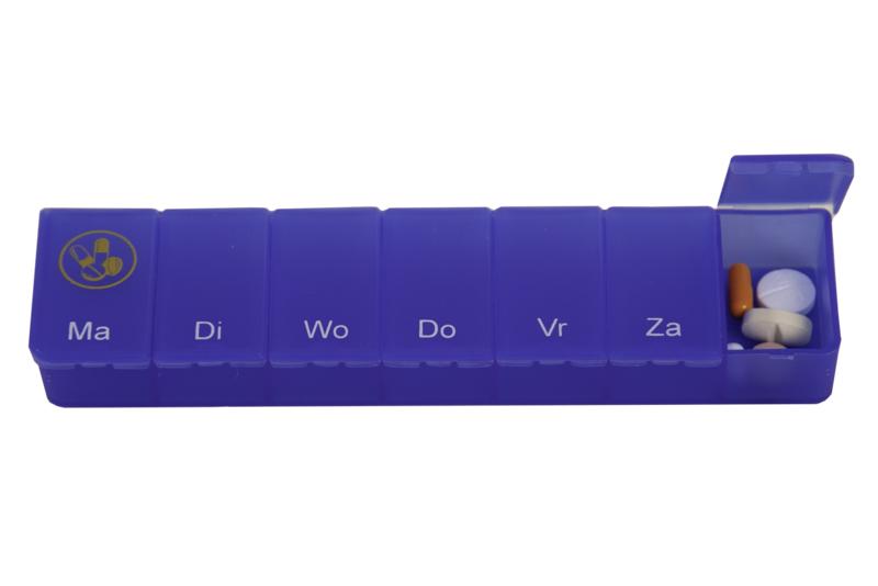 Transparent blue Able 2 pill organizer with one-week compartments for medication storage, shown open with visible individual sections.