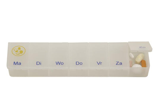 Transparent Able 2 pill organizer for one week, with individual compartments for daily medication storage.