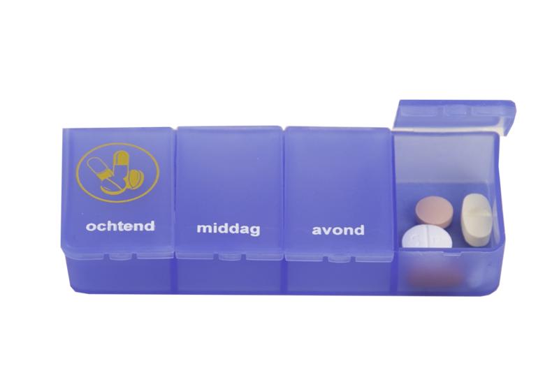 Blue Able 2 pill organizer with 4 compartments for one day, compact medication storage box in Dutch design