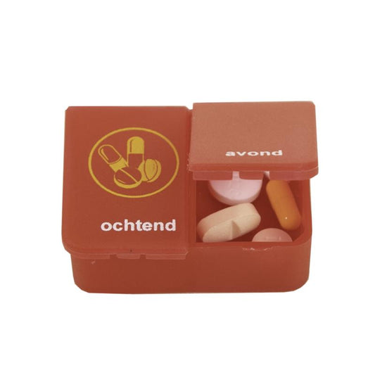 Able 2 pillbox for one day with two compartments in red, designed for medication storage, shown with open compartments.