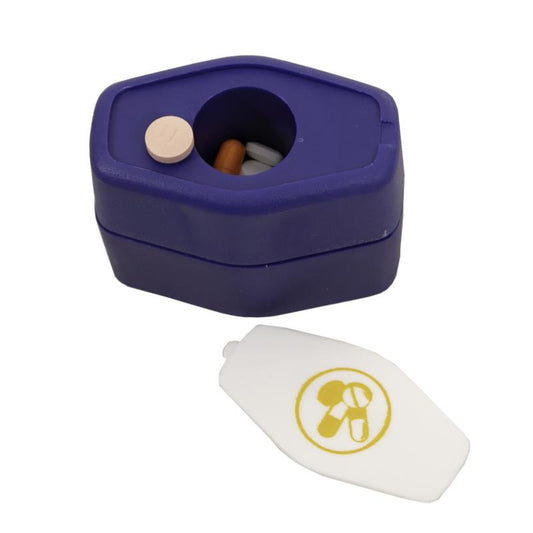 Blue Able 2 pill crusher in a compact design, used for crushing medication tablets for easier consumption.