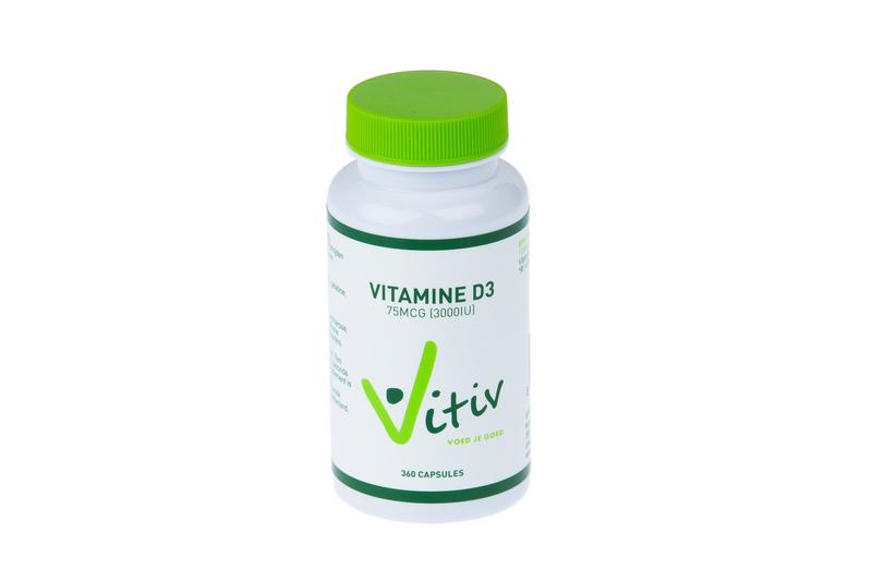 Vitiv Vitamin D3 3000IU capsules, dietary supplement, close-up of the bottle and capsules on a white background.