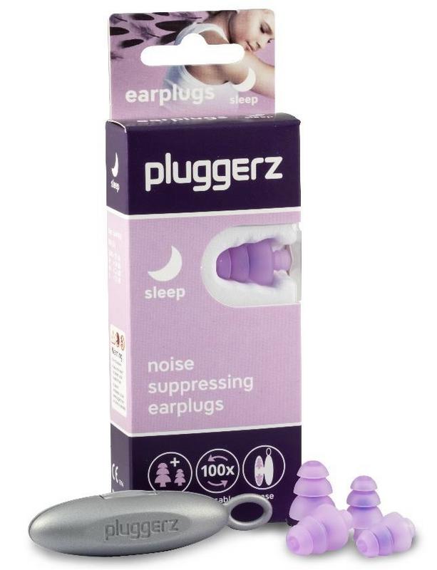 Pluggerz Sleep earplugs in a box, designed for hearing protection and sleep comfort, with two pairs of soft, noise-canceling earplugs.