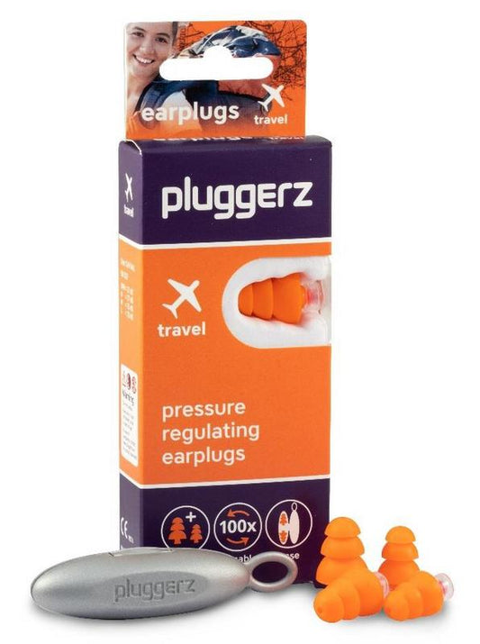Pluggerz Travel earplugs for hearing protection, showing two pairs of soft, reusable earplugs in a travel-friendly design.