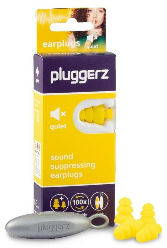 Pluggerz Quiet earplugs for hearing protection, shown as two pairs of soft, reusable earplugs in a natural setting.