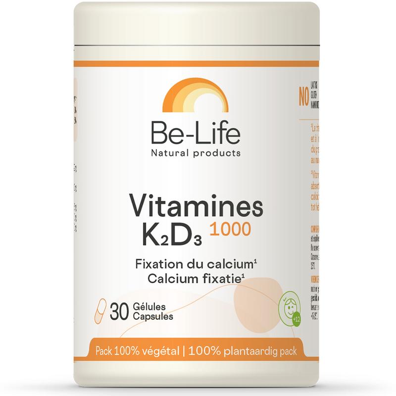 Be-Life Vitamin K2-D3 1000 capsules, multivitamin supplement with dark green bottle and white cap, close-up of the product label