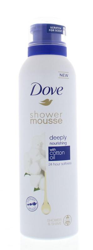 Dove Cotton Oil Shower Mousse in a 200ml bottle, foaming bath and shower product, creamy white mousse with a soft texture.