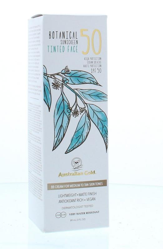 Australian Gold Botanical tinted face sunscreen in medium tan SPF50, 89ml, featuring a natural tinted moisturizer for face protection.