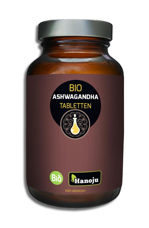 Hanoju organic Ashwagandha 500mg herbal supplement in a bottle with 600 tablets, natural herbal extract for wellness.