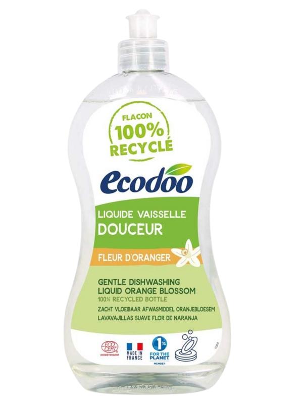 Ecodoo liquid dish soap with orange blossom scent in a 500ml bottle, gentle and eco-friendly for effective cleaning.