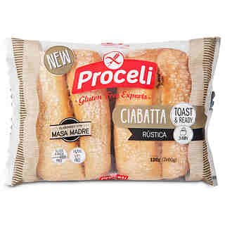 Proceli Ciabatta rustica bread in 120g package, showcasing crispy crust and rustic texture, ideal for sandwiches or snacking.
