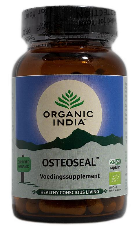 Organic India Osteoseal bio capsules, herbal supplement for bone health, shown in bottle with capsules inside.