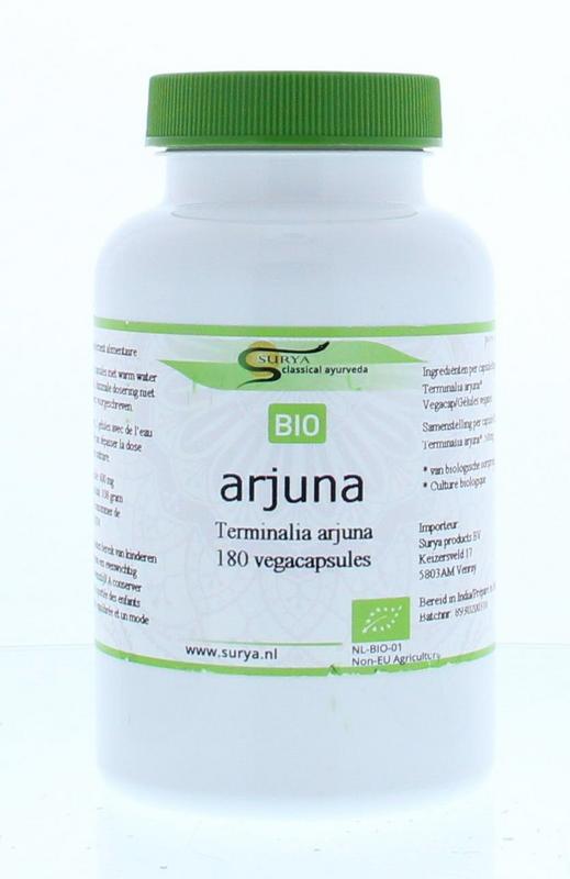Surya Arjuna bio capsules, herbal supplement in a white bottle with label, shown in this image.
