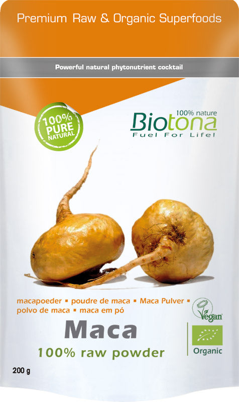 Biotona raw maca powder in a 200g package, a natural superfood supplement with organic maca root powder.