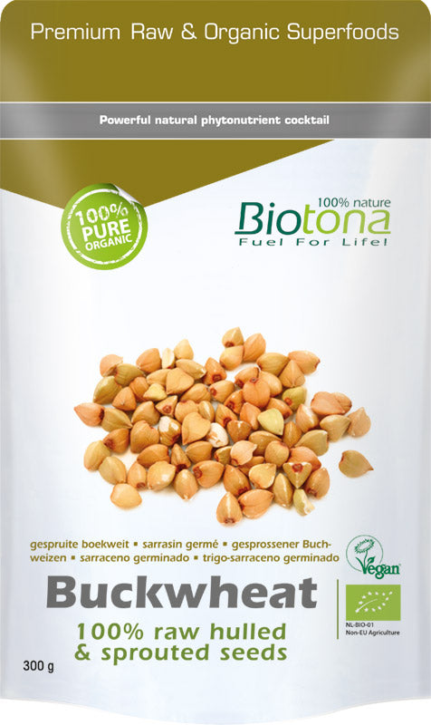 Raw Biotona buckwheat seeds, hulled and sprouted, in a 300g package, showcasing the natural, organic superfood product.