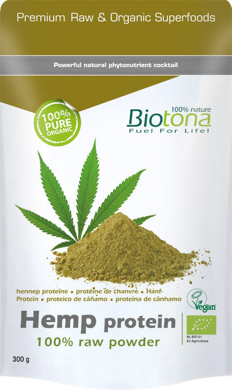 Biotona Hemp raw protein powder bio in 300g package, featuring natural hemp seeds and superfoods branding.