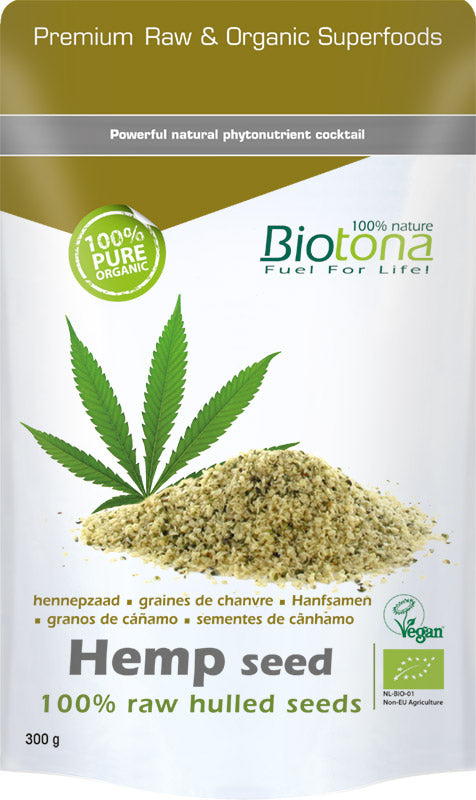 Biotona Hemp raw hulled seeds bio in 300g package, fresh superfood for healthy eating and nutrition.