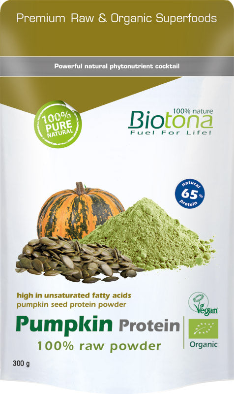 Organic Biotona Pumpkin Protein Powder in a 300g package, featuring raw superfoods with a natural pumpkin seed appearance.