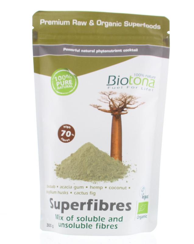 Biotona Superfibres organic superfood powder in a 300g jar, featuring raw fiber-rich plant ingredients for healthy digestion.