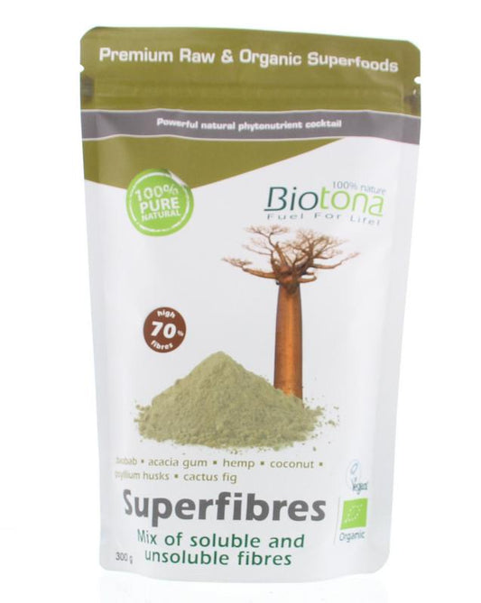Biotona Superfibres organic superfood powder in a 300g jar, featuring raw fiber-rich plant ingredients for healthy digestion.