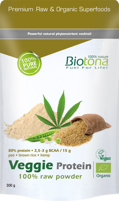 Biotona Veggie Protein Raw Bio in 300g package, organic superfood powder with fresh vegetable ingredients, natural and healthy.