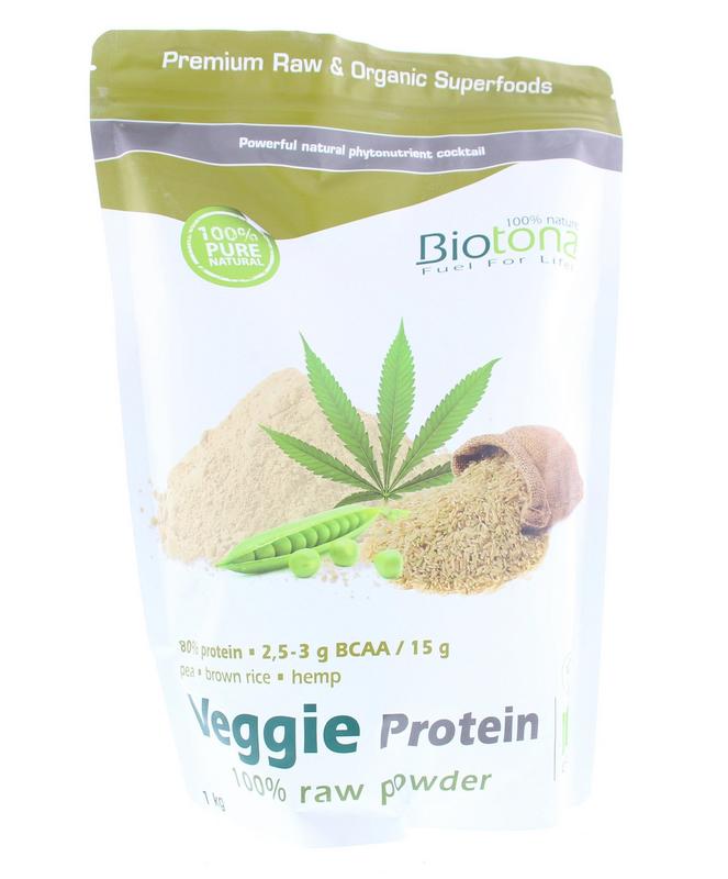 Biotona Veggie Protein Raw Bio, organic plant-based superfood powder in a 1kg package, highlighting a natural raw superfoods product.