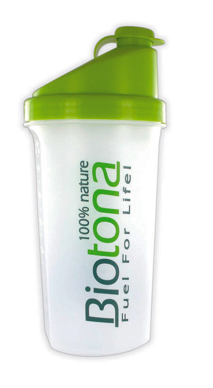 Biotona shaker bottle for cooking and dining, 700ml capacity, white plastic with lid and mixing ball inside.