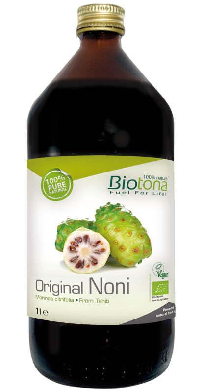 Biotona Noni juice in a 1-liter bottle, organic noni fruit drink from Biotona, shown in a clear glass with fresh noni fruits.