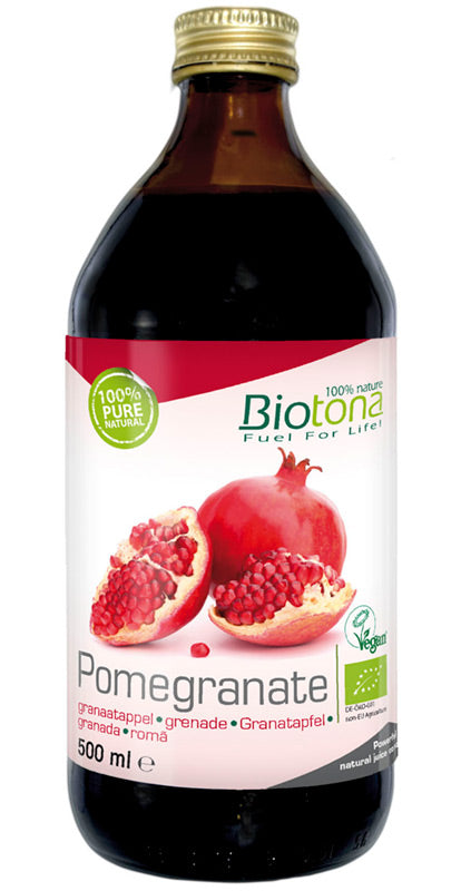 Biotona organic pomegranate concentrate in a 500ml bottle, ideal for drinks and juice recipes.