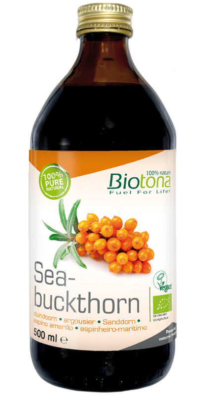 Biotona organic seabuckthorn juice in a 500ml bottle, showcasing vibrant orange color and label on the bottle.