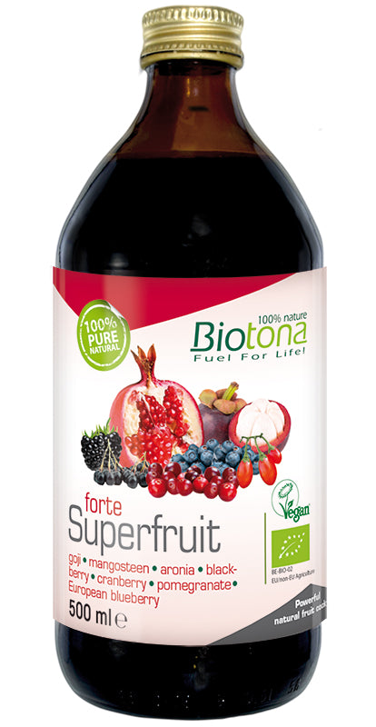 Biotona Superfruit Forte bio juice in a 500ml bottle with fresh fruit images on the label.