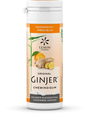 Lemon Pharma Ginjer gember kauwgom, 20 stuks, chewy ginger-flavored candies in bright packaging, displayed in a close-up shot.