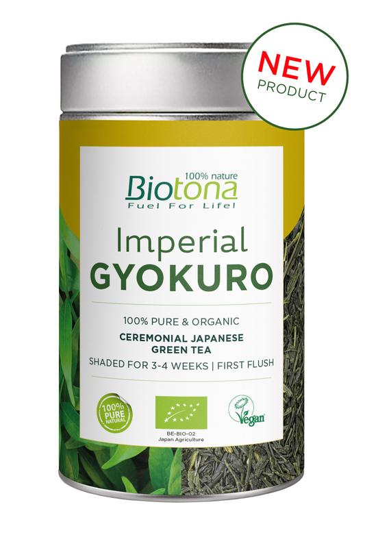 Organic Biotona Gyokuro green tea leaves in a 80g package, showcasing fresh, vibrant green tea leaves for brewing.