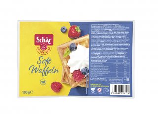 Gluten-free Schar Brusselse waffles koeken on a plate, showing golden-brown Brussels-style waffle with crisp texture.