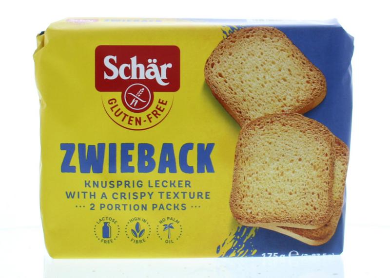 Schar glutenvrije Zwieback beschuitbrood, cracked and golden, in 175g package, displayed on a neutral background.