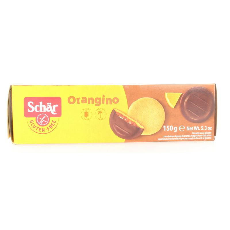 Schar Orangino gluten-free cookies in 150g package, showing golden-brown koeken with orange flavor accents.