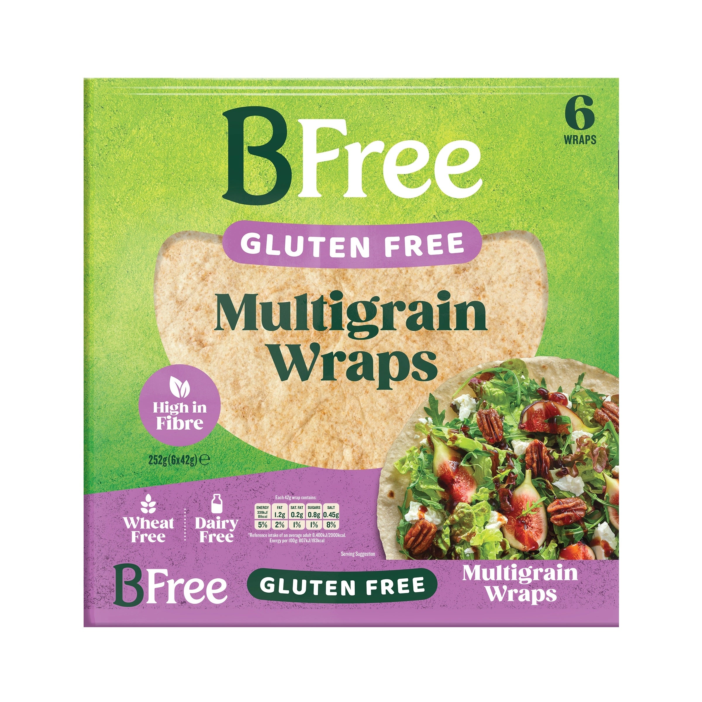 BFree Multigranen wraps for pizza and wraps, six-piece package, soft whole grain flatbreads on a white background.