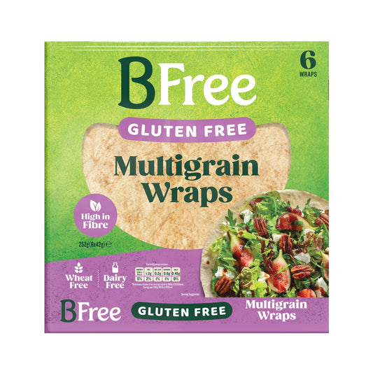 BFree Multigranen wraps for pizza and wraps, six-piece package, soft whole grain flatbreads on a white background.