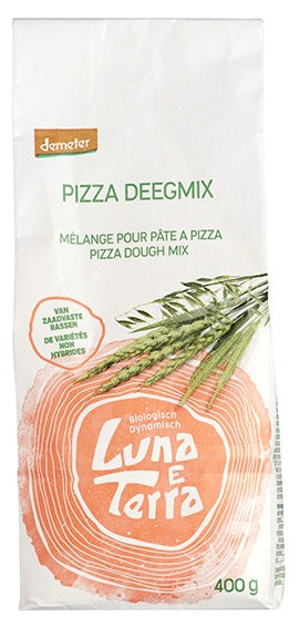 Luna E Terra Demeter organic pizza dough mix in 400g bag, natural baking ingredient for homemade pizza.