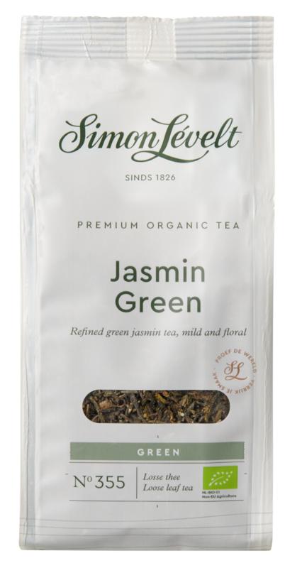 Simon Levelt Jasmin green organic tea in a 90g package, featuring fresh jasmine-infused green tea leaves.